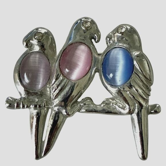 Blue Moon Jewelry - Vtg Three Perched Birds Brooch Silver-Tone Jelly Belly Moonglow 1.5" x 1.5"